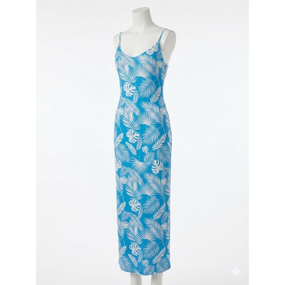 Pink Lily Blue White Tropical Palm Leaf Print Maxi Dress Medium Side Slit Summer